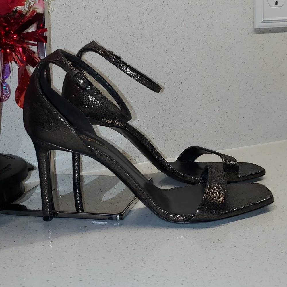 YSL shiny black-silver heeled sandals (sz 40) - Picture 3 of 11